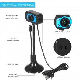 HD Webcam USB Desktop Laptop Camera Mini Plug and Play Video Calling Computer Camera with Mic Night Version LED Light Flexible Rotatable stander