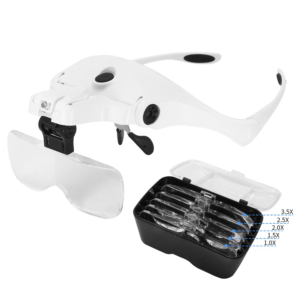 5 Lens 1.0X-3.5X Adjustable Bracket Headband Glasses Magnifier Loupe with 2 LED Lights and USB Charge Goggles Magnifying Tool Rechargeable LED Magnifying Glasses