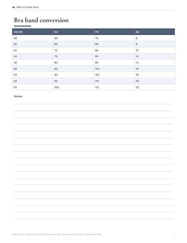 Preview of Printable Bra Band Conversion Chart